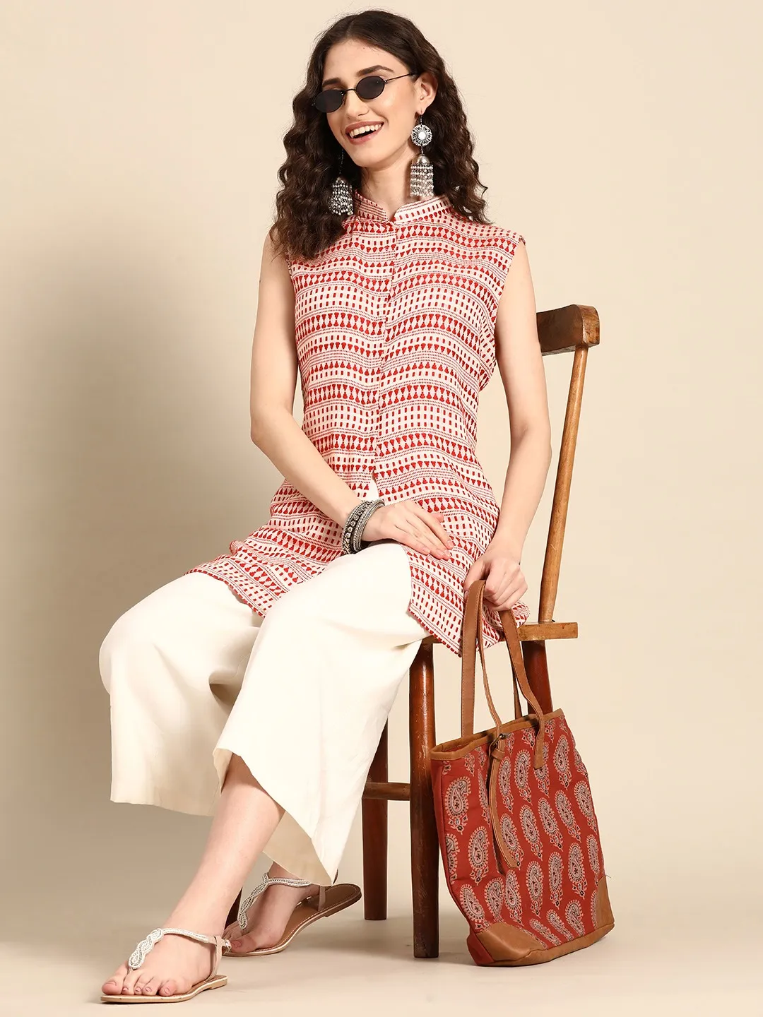 Women Geometric Printed Cotton Jacquard Kurta