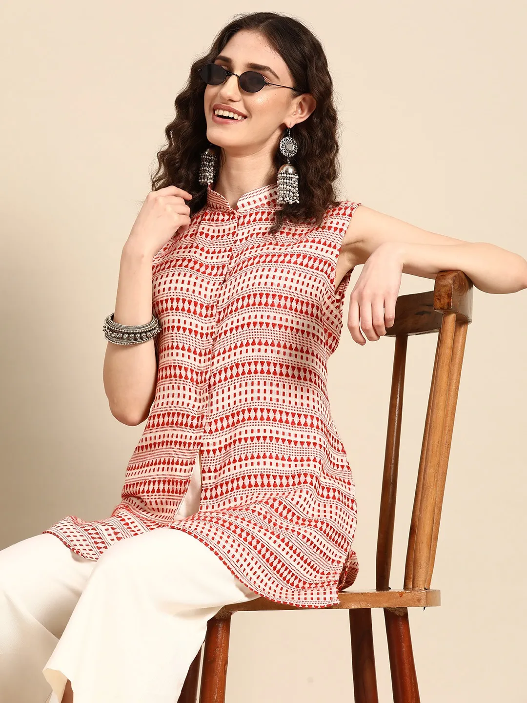 Women Geometric Printed Cotton Jacquard Kurta