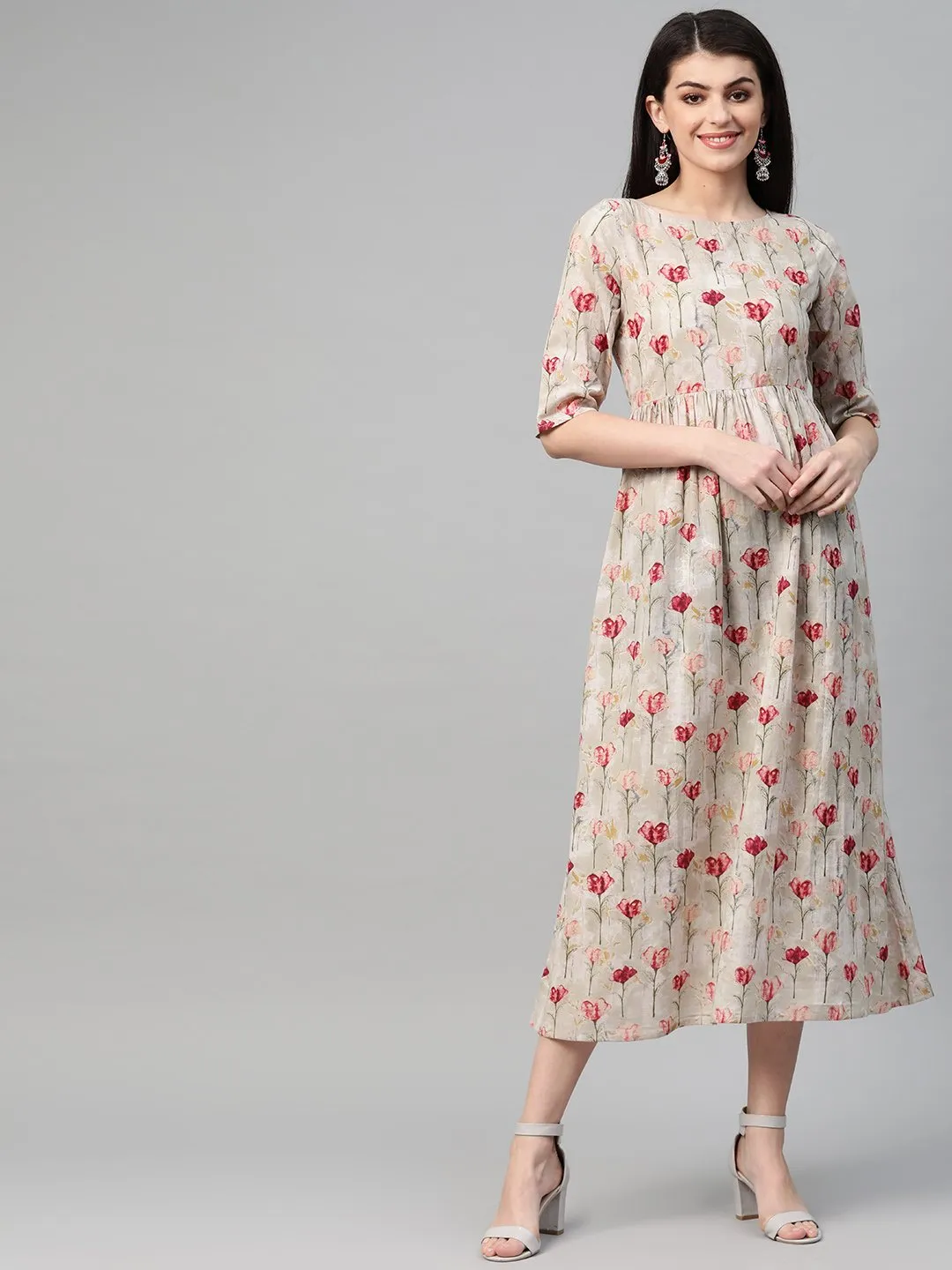 Women Grey & Pink Floral Printed Maxi Dress