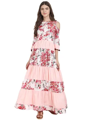 Women White & Peach Floral Printed Crepe Tiered Anarkali Kurta With Cold Shoulder Sleeve